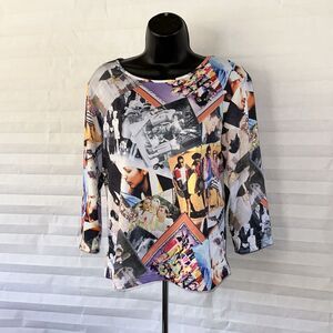 Classic Design Women's Photo Collage Slinky Polyester Blouse Size L Artsy Top